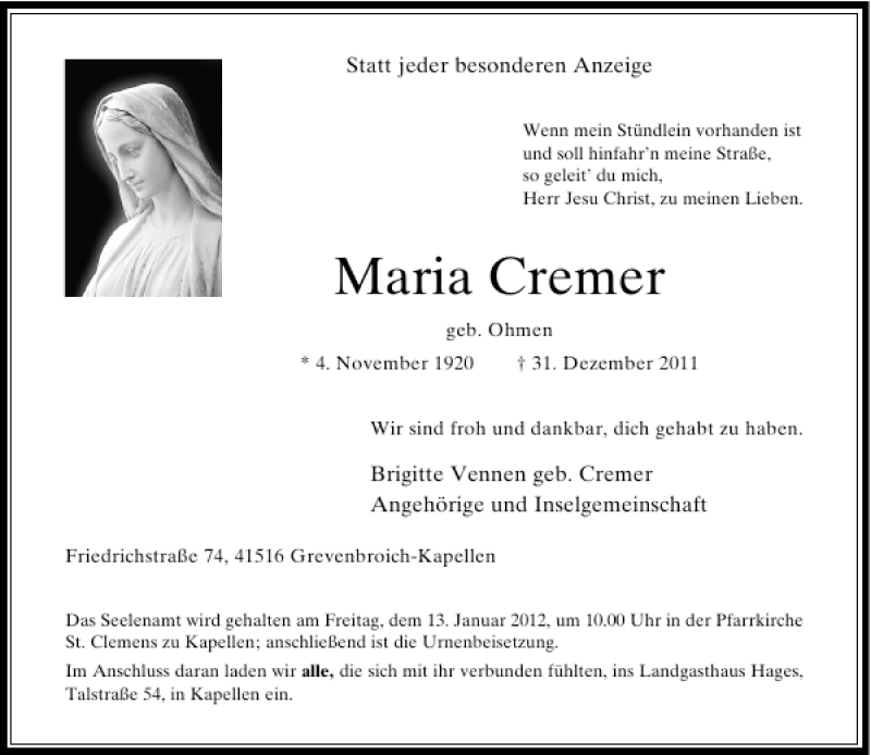 Alle Traueranzeigen für Maria Cremer trauer rp online de