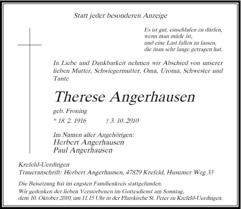 Alle Traueranzeigen für Therese Angerhausen trauer rp online de