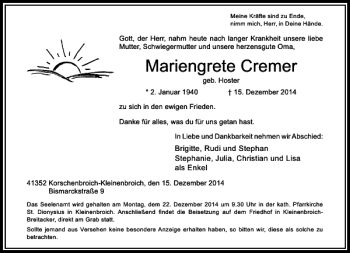 Alle Traueranzeigen F R Mariengrete Cremer Trauer Rp Online De