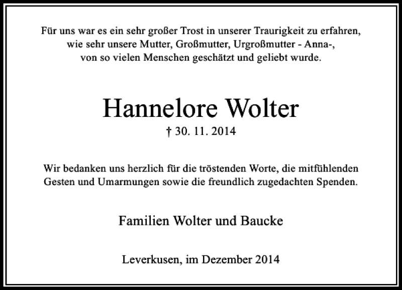 Alle Traueranzeigen F R Hannelore Wolter Trauer Rp Online De