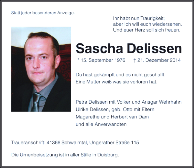 Alle Traueranzeigen F R Sascha Delissen Trauer Rp Online De