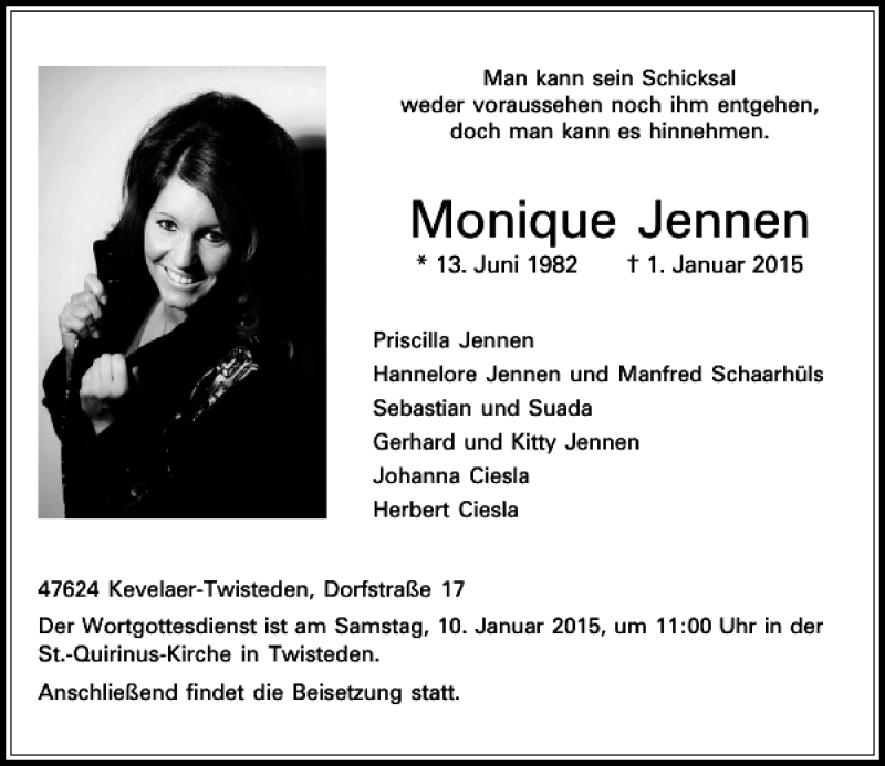  Traueranzeige für Monique Jennen vom 06.01.2015 aus Rheinische Post