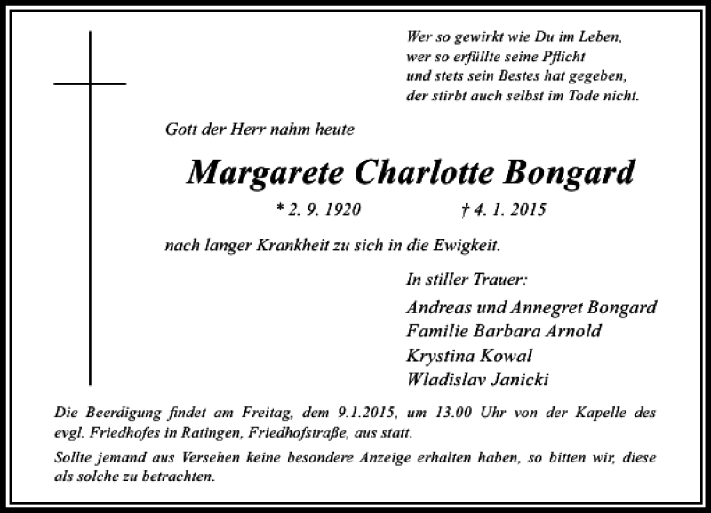 Alle Traueranzeigen für Margarete Charlotte Bongard trauer rp online de