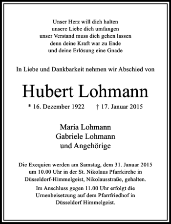 Alle Traueranzeigen F R Hubert Lohmann Trauer Rp Online De