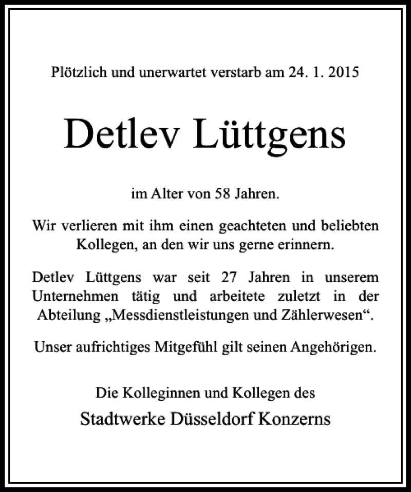  Traueranzeige für Detlev Lüttgens vom 31.01.2015 aus Rheinische Post