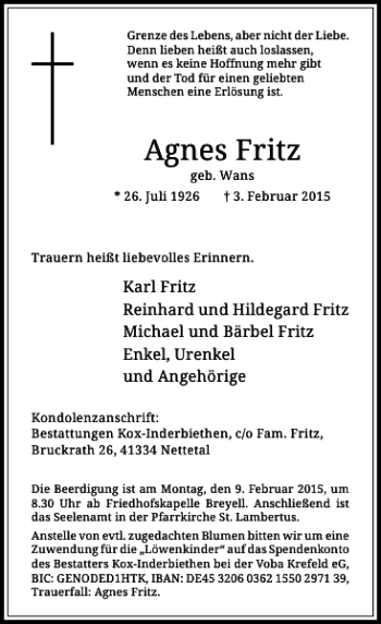 Alle Traueranzeigen für Agnes Fritz trauer rp online de