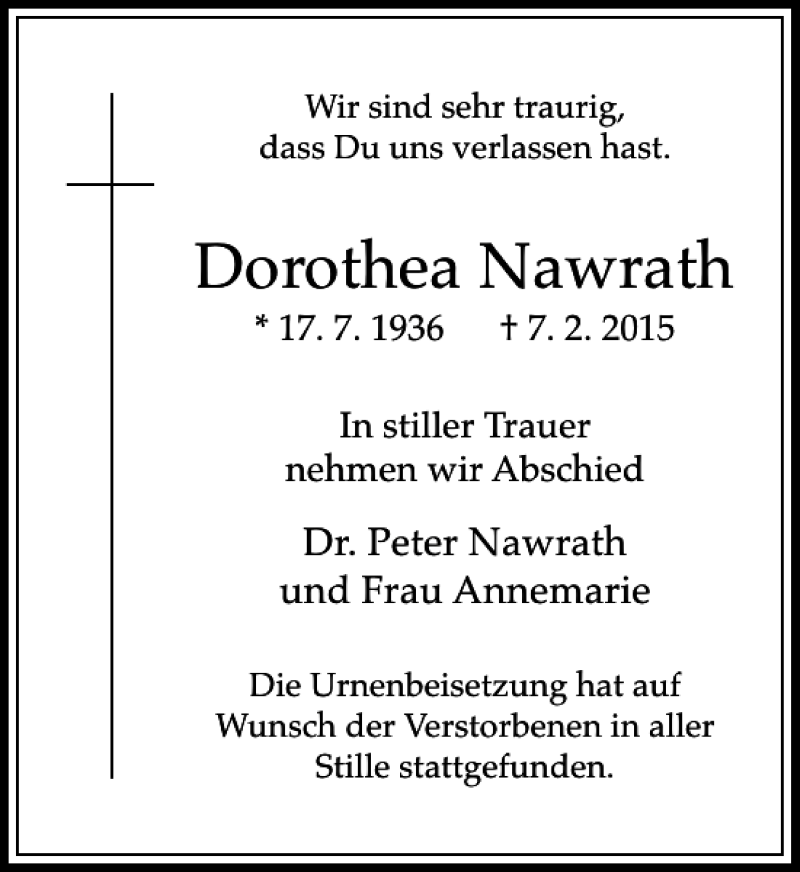 Alle Traueranzeigen F R Nawrath Dorothea Trauer Rp Online De