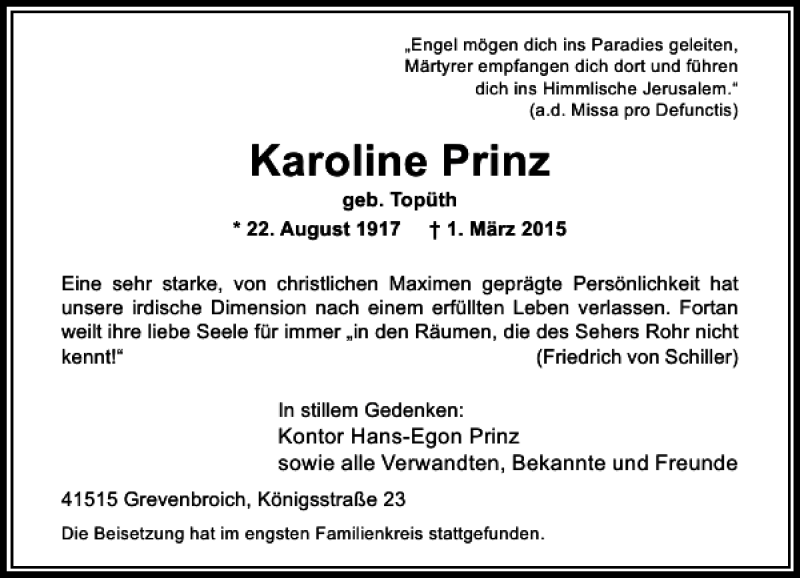 Alle Traueranzeigen für Prinz Karoline trauer rp online de