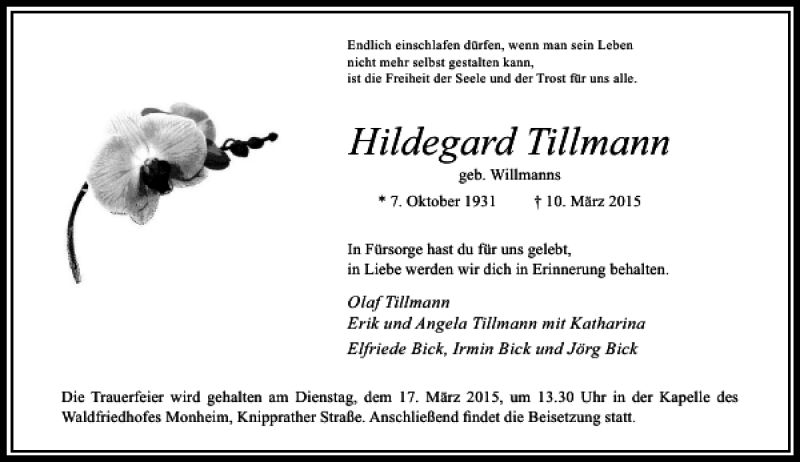 Alle Traueranzeigen F R Tillmann Geb Willmanns Hildegard Trauer Rp