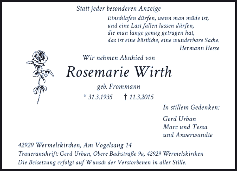 Alle Traueranzeigen für Wirth Rosemarie trauer rp online de