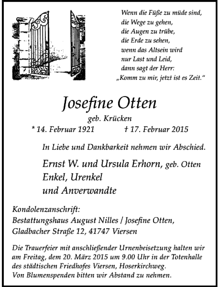 Alle Traueranzeigen für Otten geb Krücken Josefine trauer rp online de