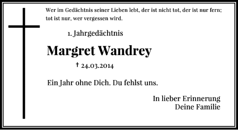 Alle Traueranzeigen für Wandrey Margret trauer rp online de