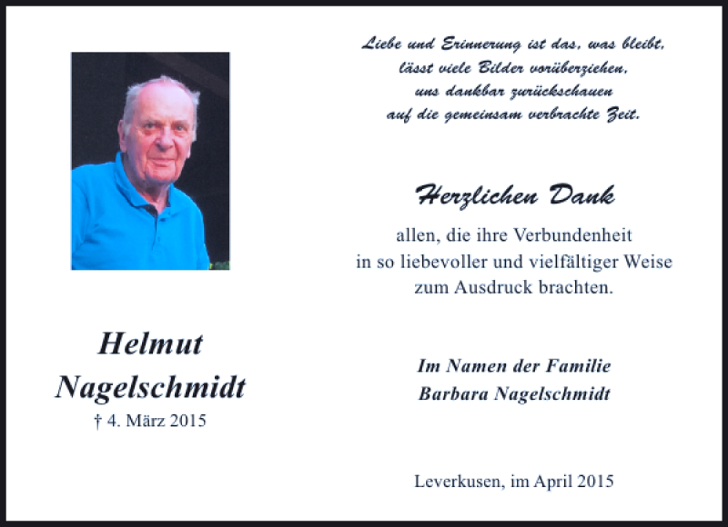  Traueranzeige für Nagelschmidt Helmut vom 04.04.2015 aus Rheinische Post