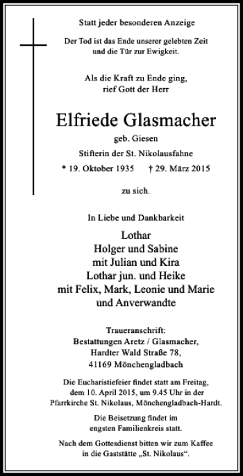 Alle Traueranzeigen für Glasmacher Elfriede trauer rp online de