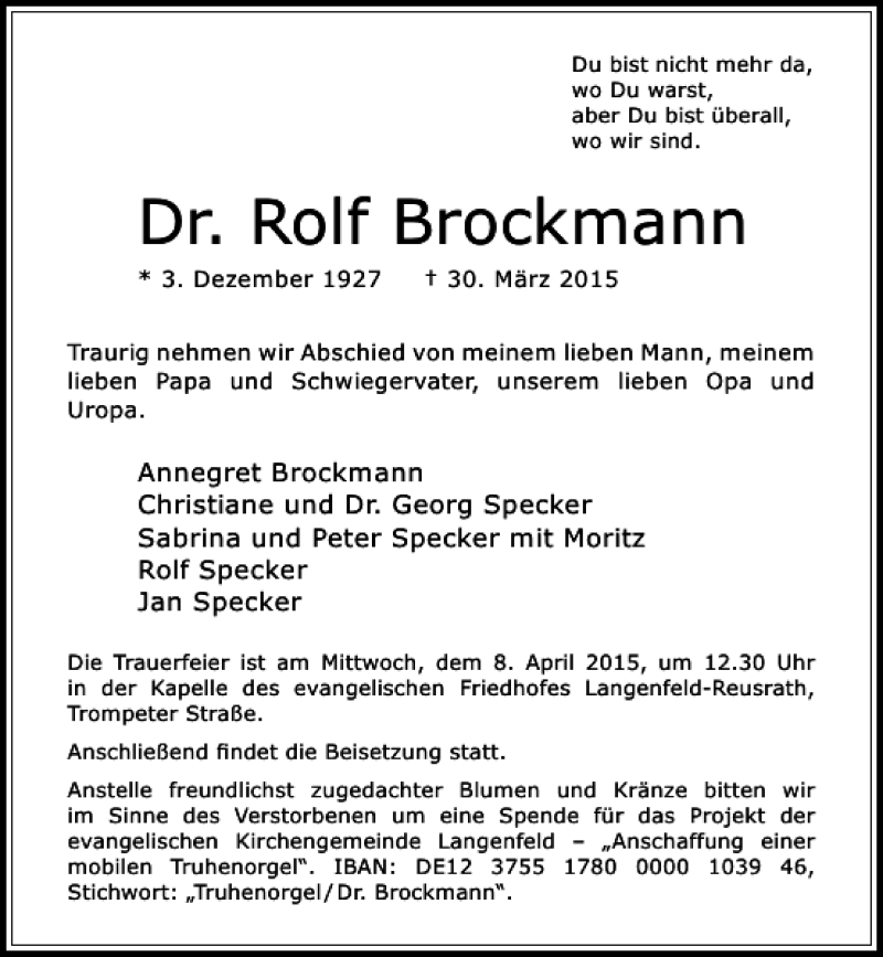 Alle Traueranzeigen für Rolf Brockmann Dr trauer rp online de