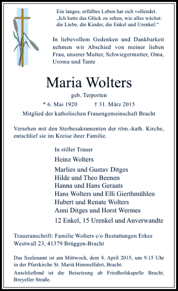 Alle Traueranzeigen für Wolters Maria trauer rp online de