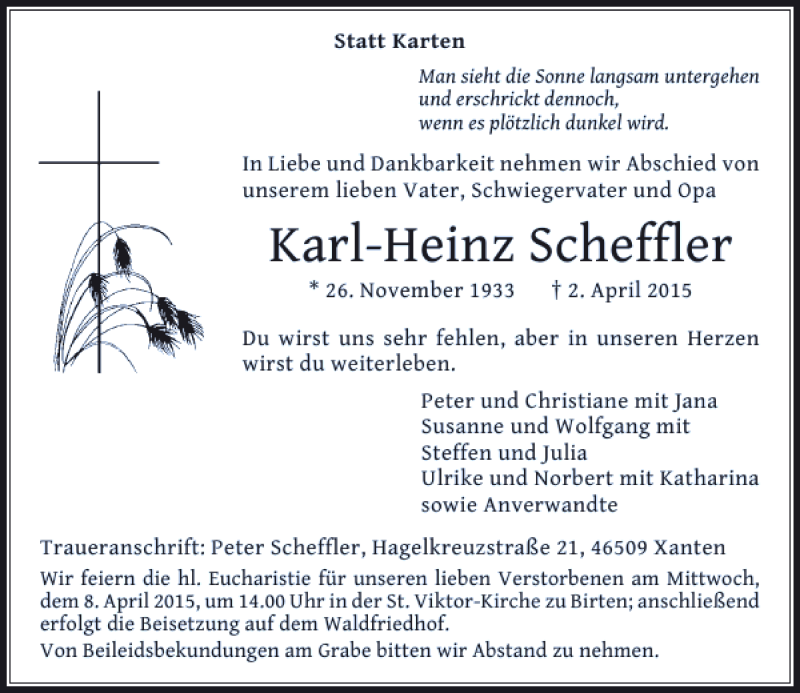 Alle Traueranzeigen F R Scheffler Karl Heinz Trauer Rp Online De