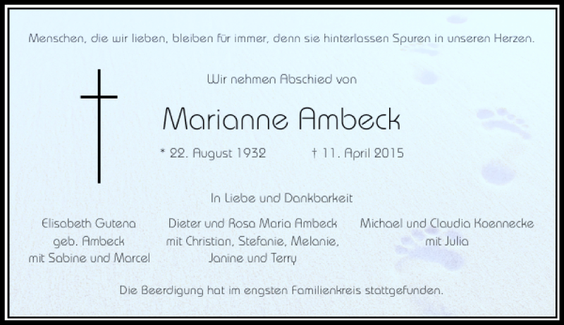  Traueranzeige für Marianne Ambeck vom 18.04.2015 aus Rheinische Post