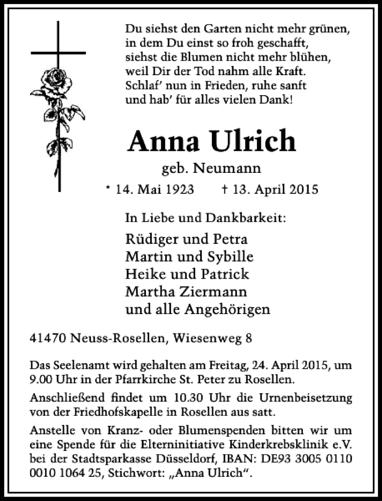  Traueranzeige für Anna Ulrich vom 18.04.2015 aus Rheinische Post