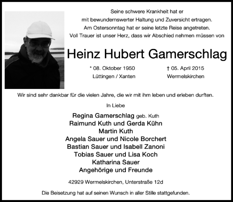 Alle Traueranzeigen F R Hubert Gamerschlag Heinz Trauer Rp Online De