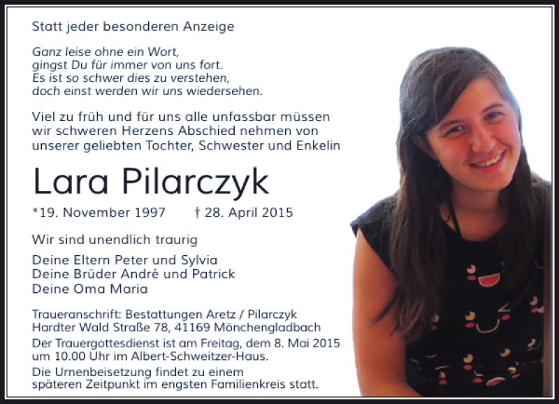  Traueranzeige für Lara Pilarczyk vom 02.05.2015 aus Rheinische Post