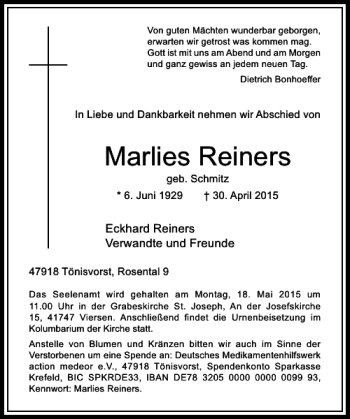 Alle Traueranzeigen F R Reiners Marlies Trauer Rp Online De