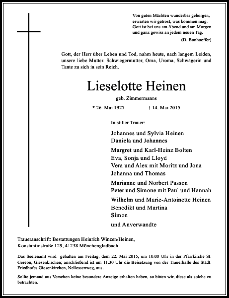 Alle Traueranzeigen für Heinen Lieselotte trauer rp online de