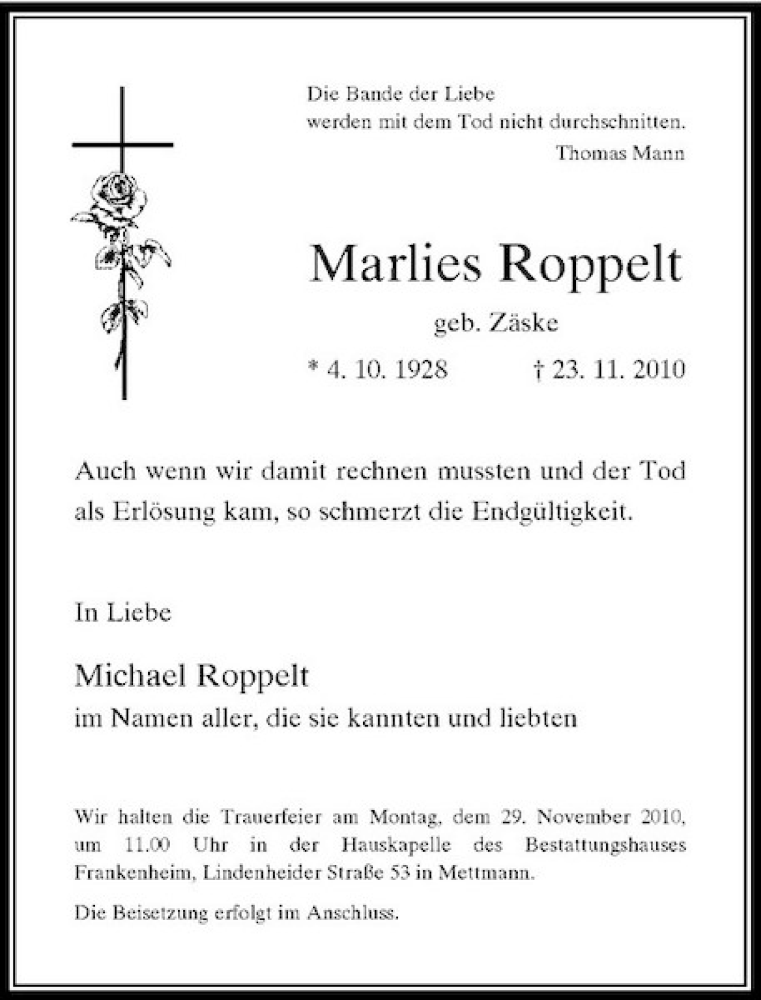 Alle Traueranzeigen für Marlies Roppelt trauer rp online de