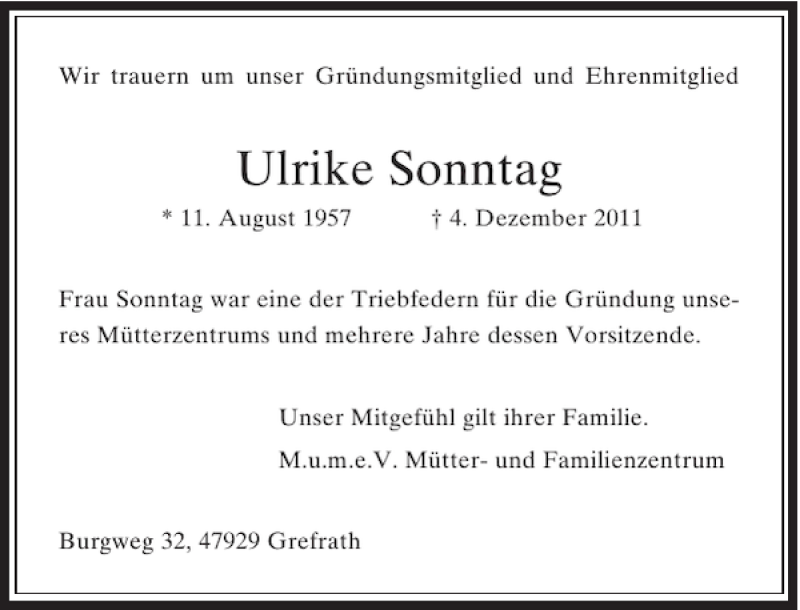  Traueranzeige für Ulrike Sonntag vom 09.12.2011 aus Rheinische Post