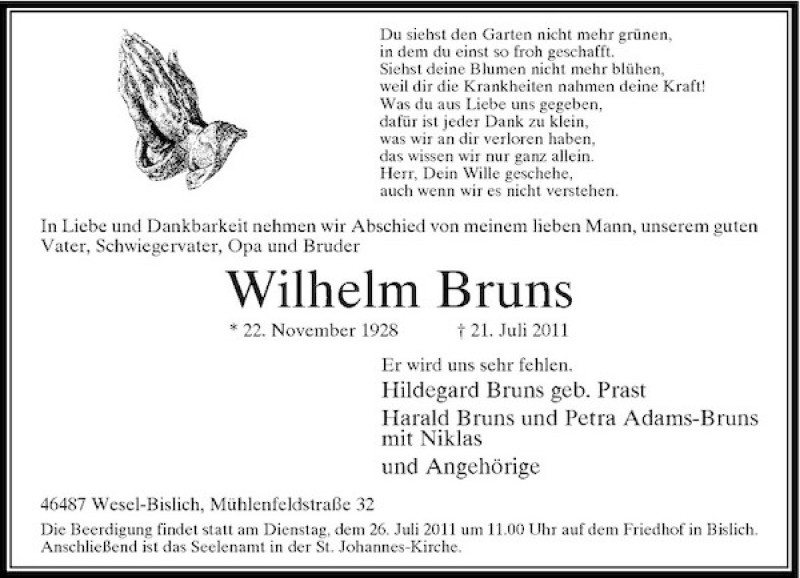 Alle Traueranzeigen F R Wilhelm Bruns Trauer Rp Online De