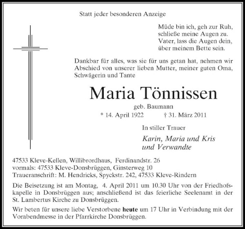 Alle Traueranzeigen F R Maria T Nnissen Trauer Rp Online De