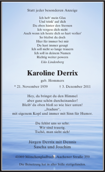 Alle Traueranzeigen für Karoline Derrix trauer rp online de