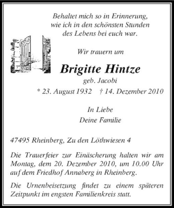 Alle Traueranzeigen F R Brigitte Hintze Trauer Rp Online De