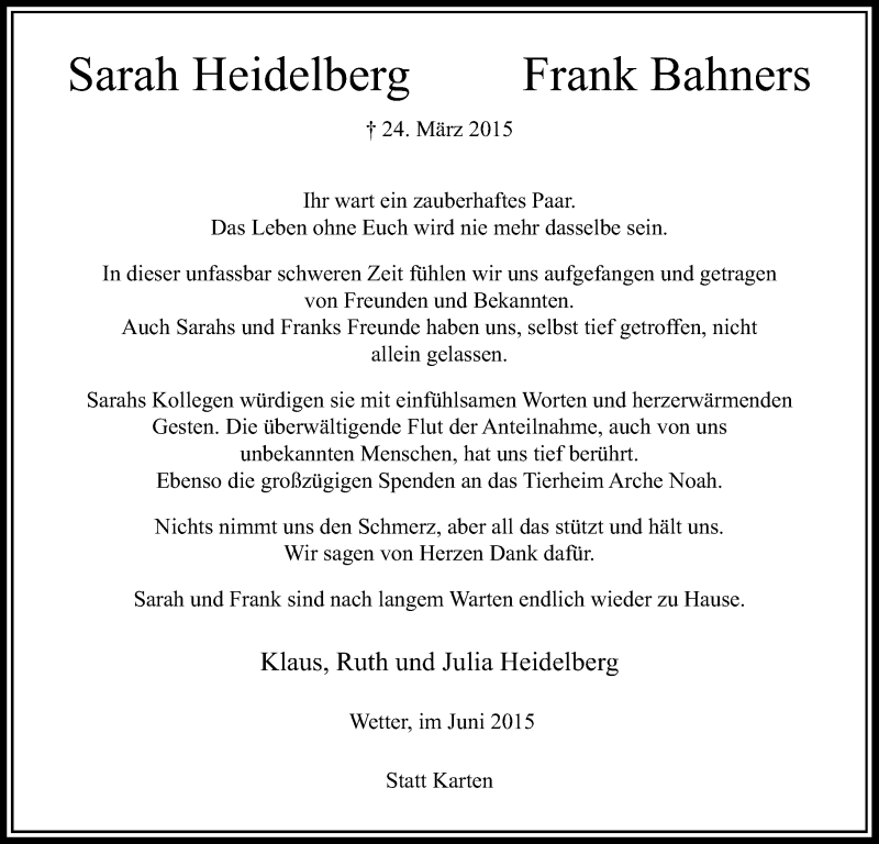  Traueranzeige für Sarah Heidelberg Frank Bahners vom 12.06.2015 aus Rheinische Post