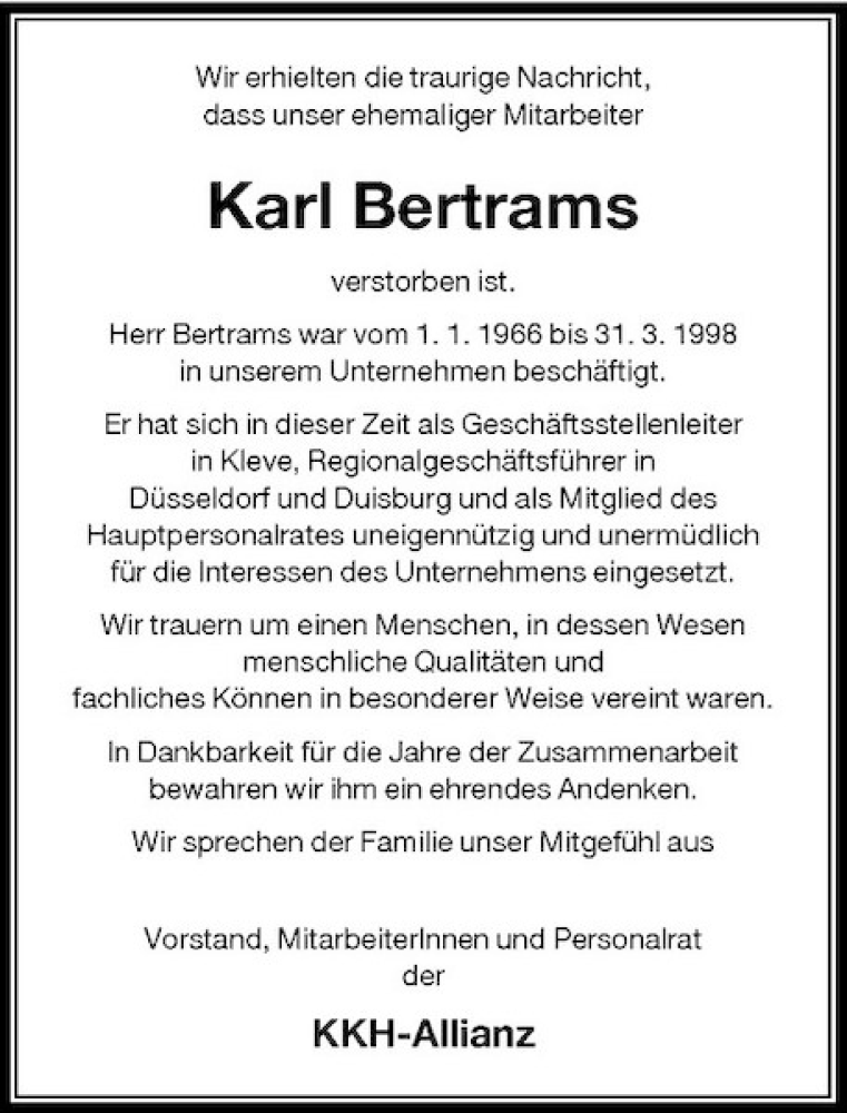 Alle Traueranzeigen F R Karl Bertrams Trauer Rp Online De