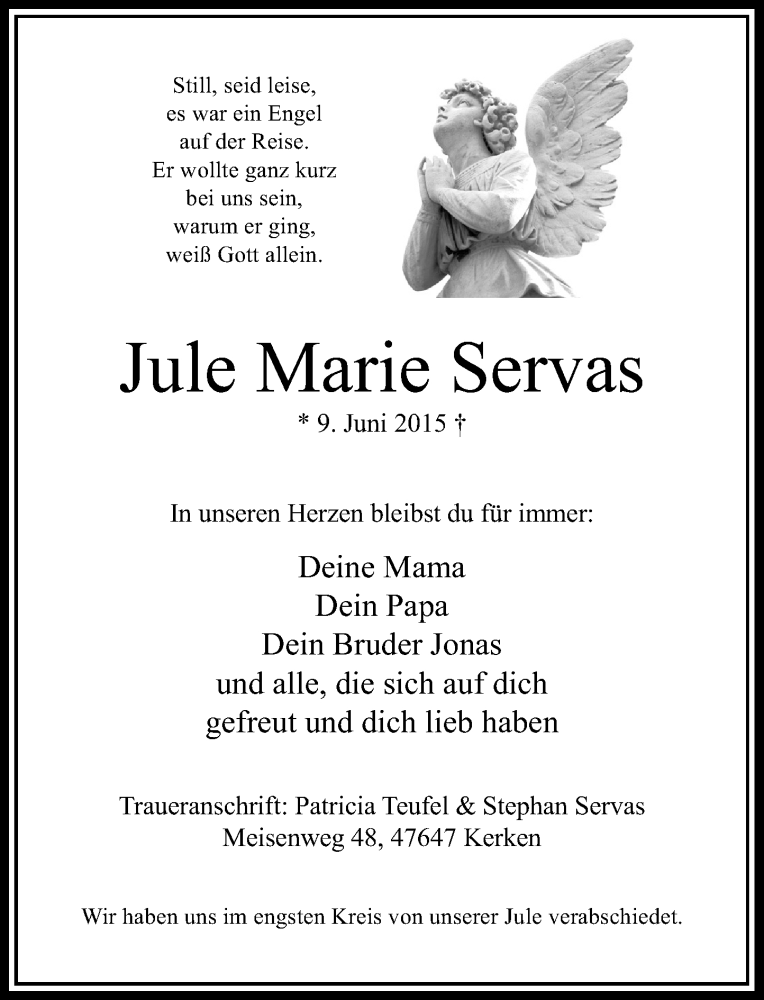  Traueranzeige für Jule Marie Servas vom 16.06.2015 aus Rheinische Post