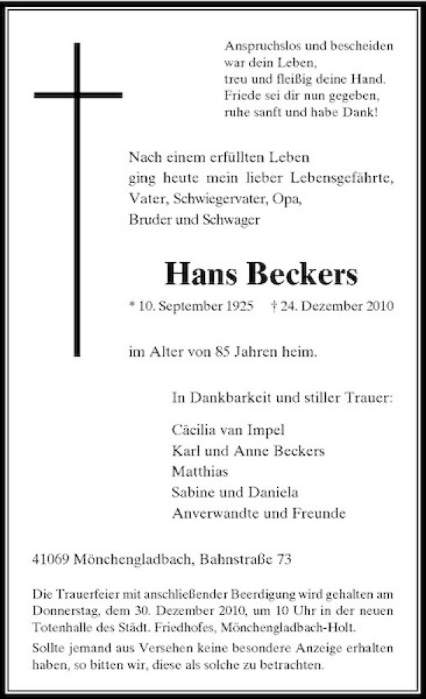 Alle Traueranzeigen F R Hans Beckers Trauer Rp Online De