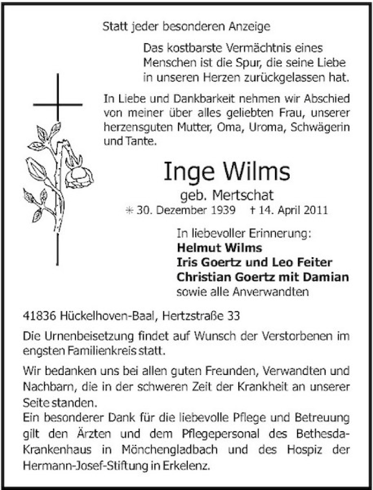 Alle Traueranzeigen für Inge Wilms trauer rp online de