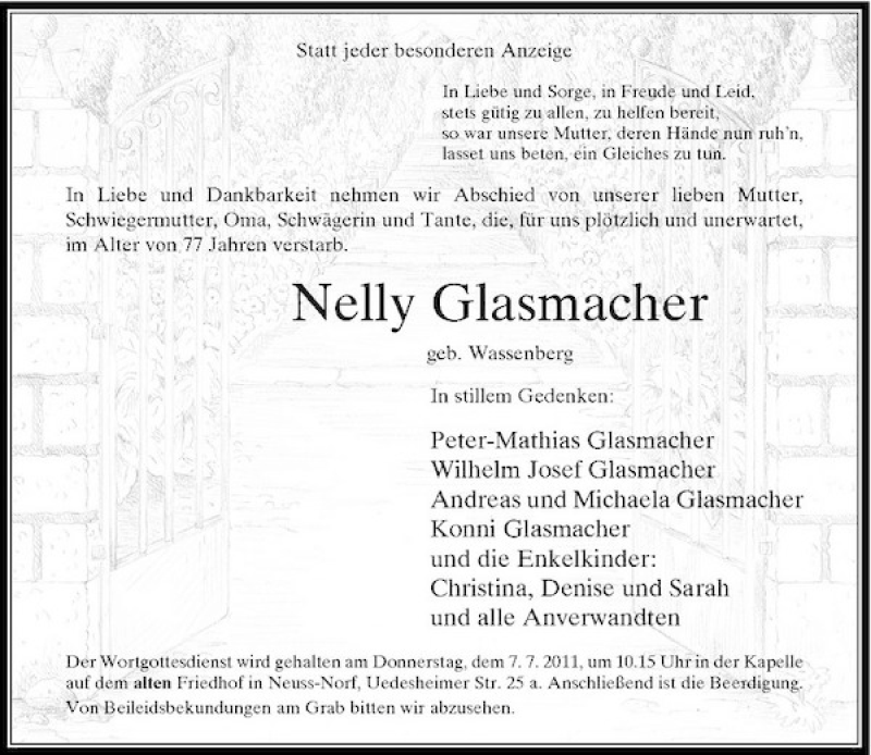 Alle Traueranzeigen für Nelly Glasmacher trauer rp online de