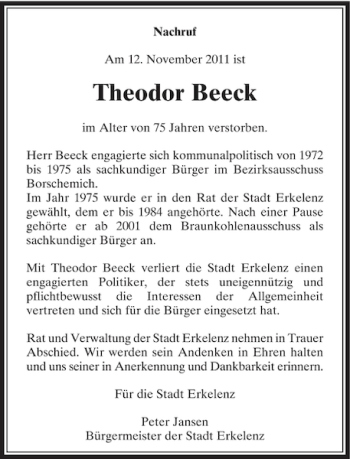 Alle Traueranzeigen für Beeck Theodor trauer rp online de