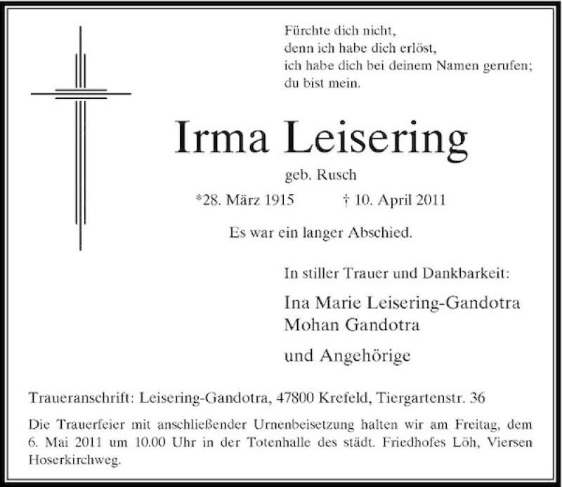 Alle Traueranzeigen für Irma Leisering trauer rp online de