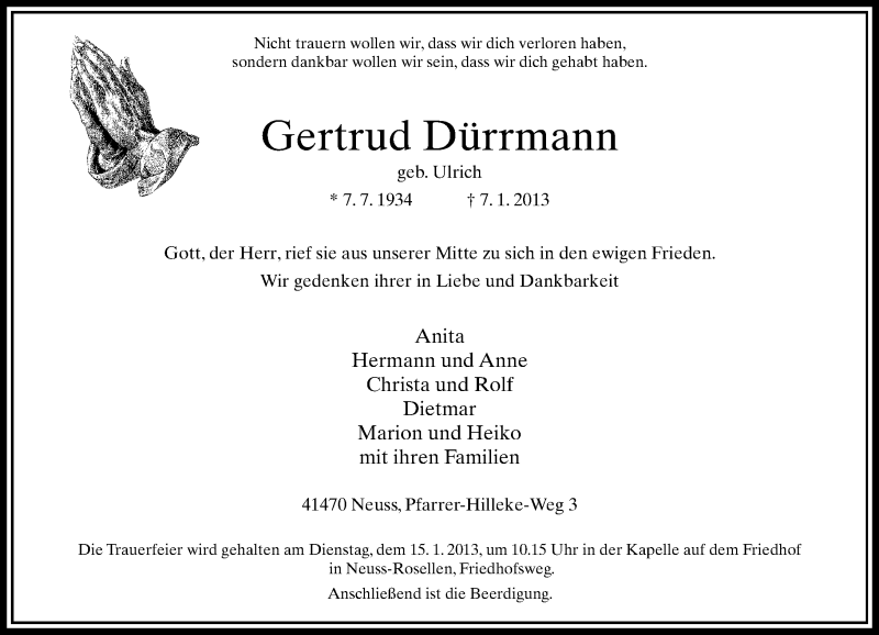 Traueranzeige für Gertrud Dürrmann vom 10.01.2013 aus Rheinische Post