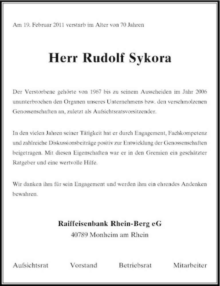 Alle Traueranzeigen F R Herr Rudolf Sykora Trauer Rp Online De