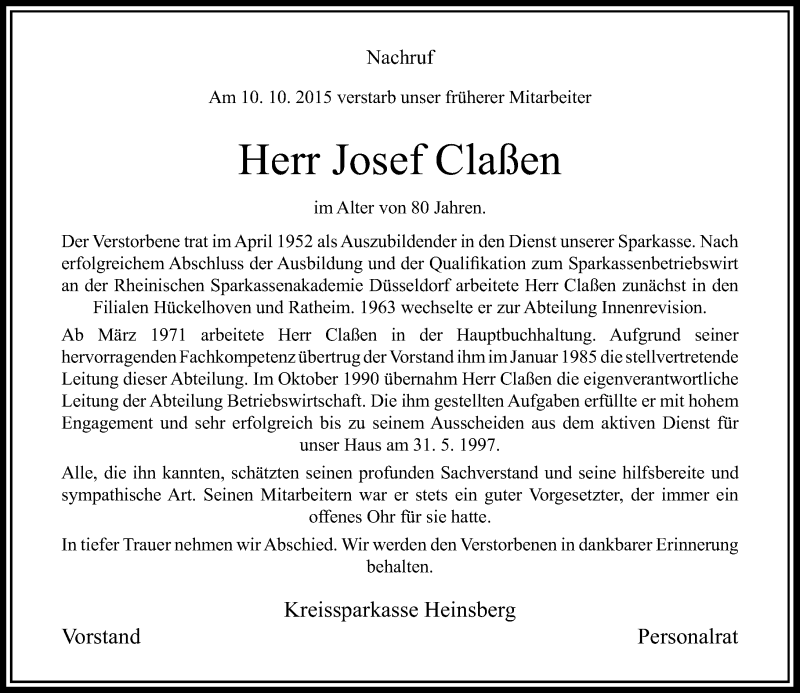 Alle Traueranzeigen für Josef Claßen trauer rp online de