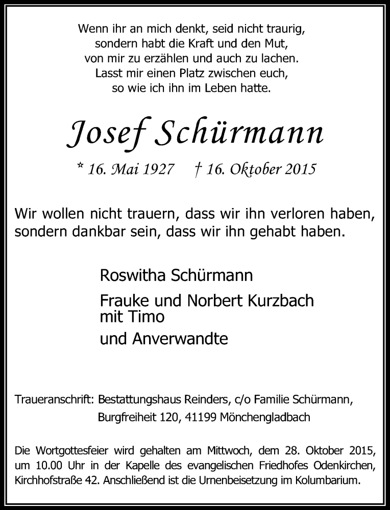 Alle Traueranzeigen für Josef Schürmann trauer rp online de