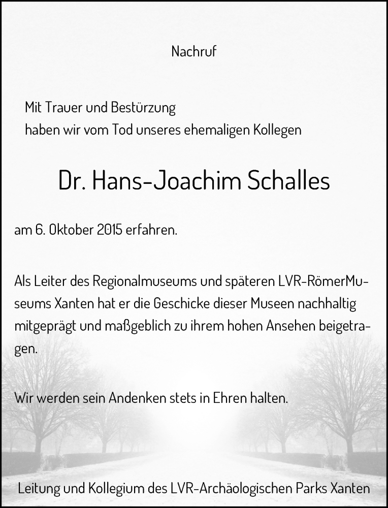  Traueranzeige für Hans-Joachim Schalles vom 14.10.2015 aus Rheinische Post