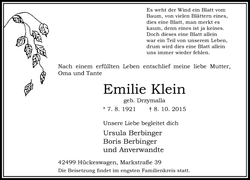 Alle Traueranzeigen für Emilie Klein trauer rp online de