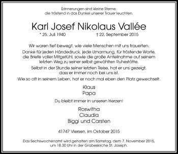 Traueranzeige von Karl Josef Nikolaus Vallée von Rheinische Post