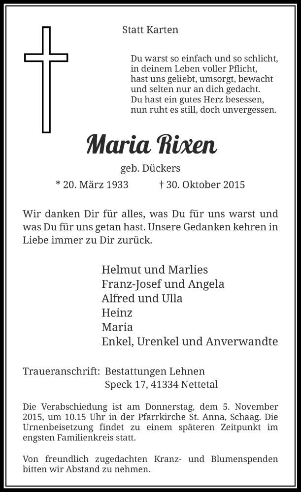  Traueranzeige für Maria Rixen vom 02.11.2015 aus Rheinische Post