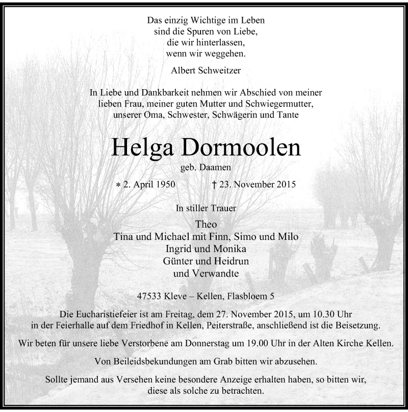  Traueranzeige für Helga Dormoolen vom 25.11.2015 aus Rheinische Post